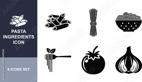 Pasta ingredients icons set featuring penne spaghetti noodles and tomato garlic for italian cuisine design