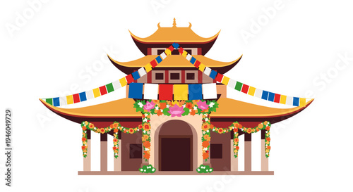 Buddhist temple decorated with flowers and prayer flags for vesak buddha’s birthday celebration, hanamido flower festival pavilion vector illustration