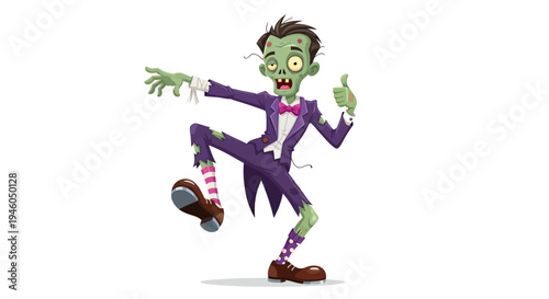 Cartoon zombie in purple suit dancing.