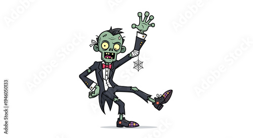 Cartoon zombie in tuxedo dancing.