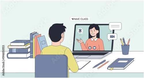 Online learning or virtual class concept with student and teacher on screen with e learning
