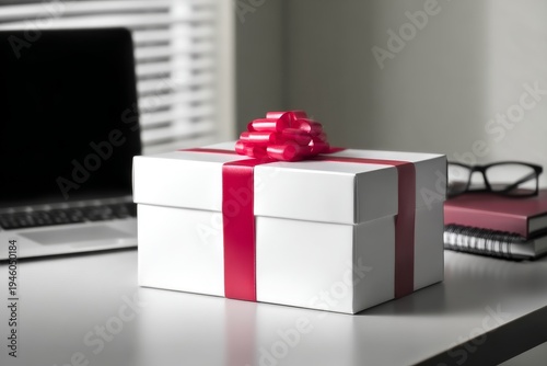 Professional Desk Scene with Present, Laptop, Pen, and Notebook in Clean Setting