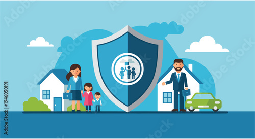 Comprehensive insurance concept with shield, home, car and family illustration, peace of mind