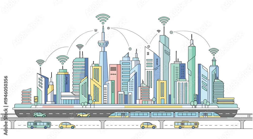 Obraz premium Futuristic smart city with high-speed train, cars, and wifi connectivity, urban development concept