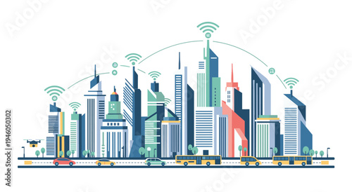Smart city skyline with wifi signals, drone, cars, and buses, urban technology concept