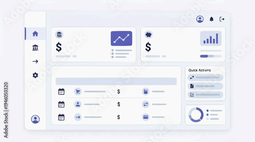 Business Finance Dashboard UI Mockup With Analytics Charts, Transactions List, And Quick Actions Panel