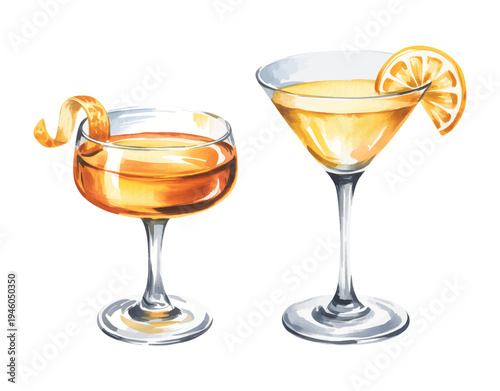 Hand painted citrus cocktail glasses with orange garnish in elegant watercolor.