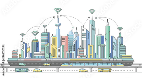 Futuristic smart city with high-speed train, cars, and wifi connectivity, urban development concept