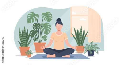 Woman meditating in lotus position surrounded by houseplants, indoor yoga and wellness scene