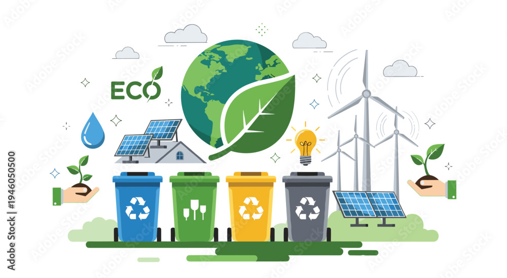 Fototapeta premium Eco-friendly concept with recycling bins, solar panels, wind turbines, and globe, ecology symbol