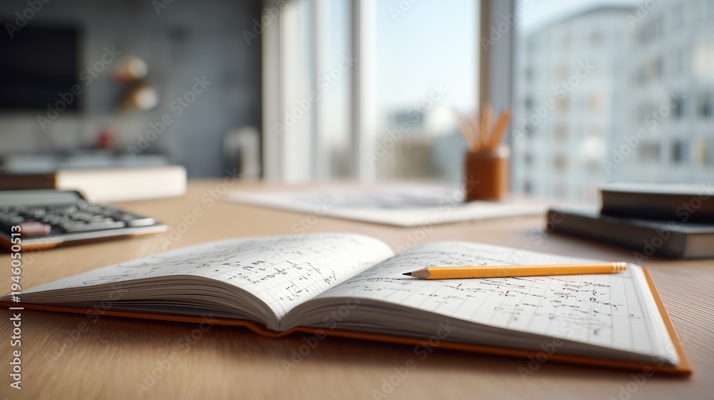 Obraz premium Modern work desk with open notebook, calculator, and pencil in bright daylight