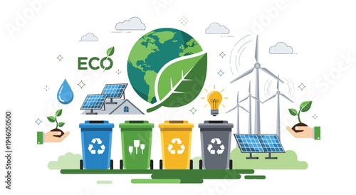 Eco-friendly concept with recycling bins, solar panels, wind turbines, and globe, ecology symbol