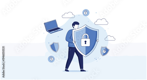 Cybersecurity concept with a man holding a shield protecting data from online threats with protection symbol