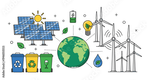 Renewable energy concept with solar panels, wind turbines, recycling bins, and globe, light bulb