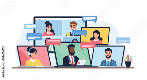 Online meeting and communication concept with people on computer screens