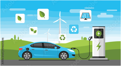 Electric car charging in a scenic landscape with renewable energy symbols