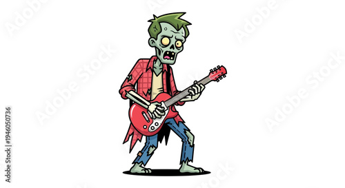 Cartoon zombie playing red electric guitar.
