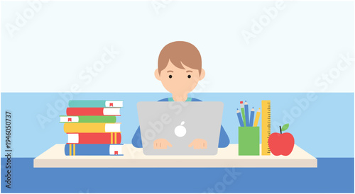 Student learning on laptop with books stack, apple, and school supplies, online learning, back to school, flat design
