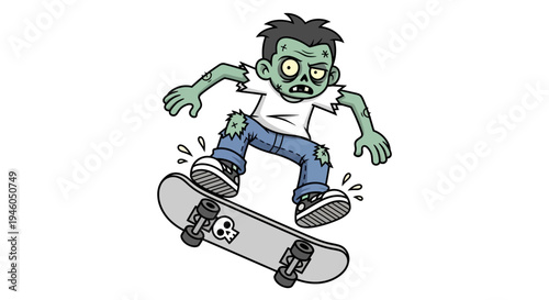 Cartoon zombie skateboarder in action.