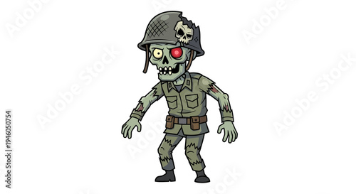 Cartoon zombie soldier with red eye.
