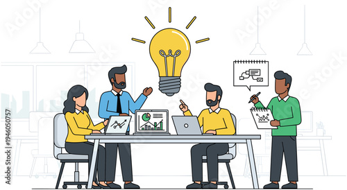 Business team collaboration around table with light bulb for new idea generation with business meeting with flat design