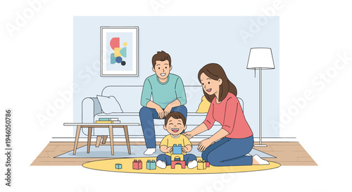 Family playing together on floor with toys in a cozy living room setting with domestic life with family time