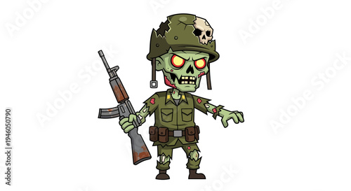 Cartoon zombie soldier with rifle gun.