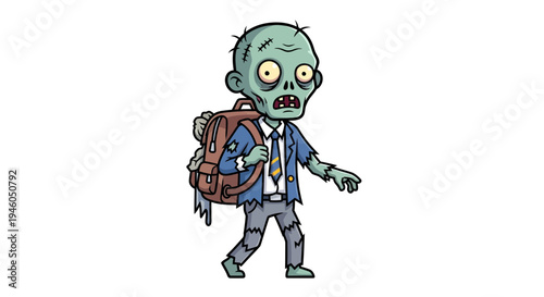 Cartoon zombie with backpack walking alone.
