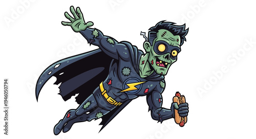 Cartoon zombie superhero in flight.