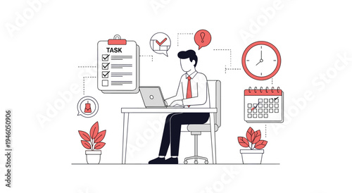 Man at desk working on laptop with task list, calendar, and clock, symbolizing deadline, time management, remote work