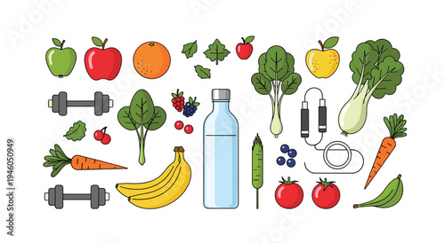Healthy lifestyle elements: fruits, vegetables, water bottle, dumbbells, jump rope for fitness and wellness, weight loss