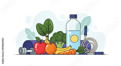 Healthy food and fitness flat illustration: apple, banana, broccoli, carrots, water, jump rope, dumbbell, flat design, weight loss