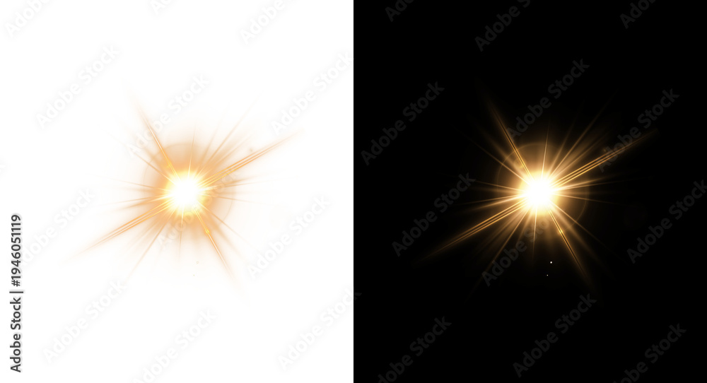 Obraz premium Sunlight lens flare on transparent and black PNG background, sunbeam effect.