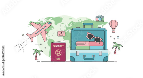 Travel concept with airplane, passport, suitcase, and world map, planning a global adventure, hot air balloon, flat design