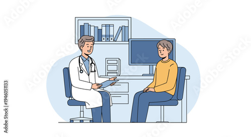 Doctor consulting patient in medical office, healthcare illustration, patient care concept, doctor s visit, doctor s appointment