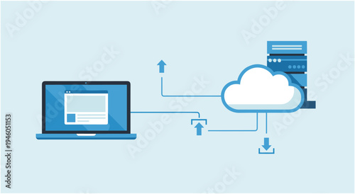 Cloud computing concept illustration, data transfer between laptop and server, technology background, upload arrow, download arrow
