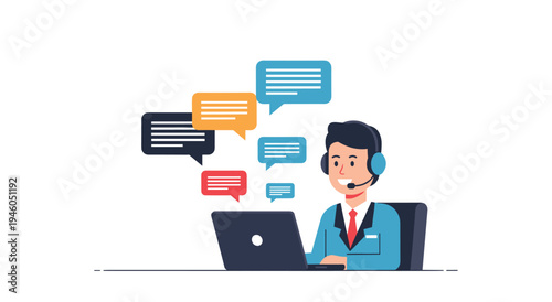 Customer service representative with headset, online support, communication illustration, call center, help desk, flat design