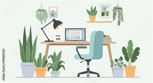 Cozy home office with laptop, desk chair and many potted plants, greenery for relaxation and productivity, work from home