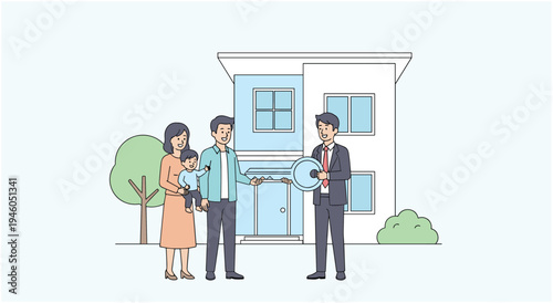 Real estate agent handing over keys to new homeowners, happy family with baby in front of house, buying a house, new home