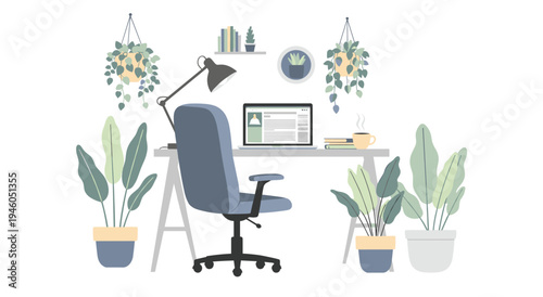 Modern home office setup with desk, laptop, chair, books and lush potted plants for a calm atmosphere, work from home, indoor plants