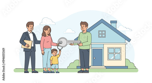 Family receives keys to new house from real estate agent, couple and child celebrating home purchase, buying a house, dream home