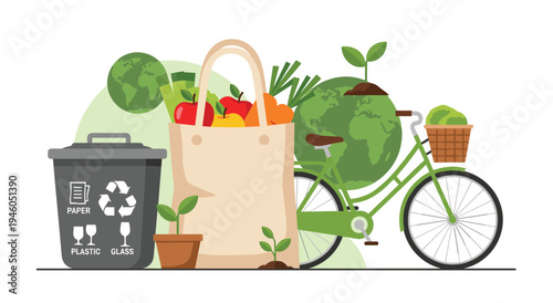 Eco-friendly lifestyle concept with reusable bag full of groceries, recycling bin, and bicycle, green living, shopping bag