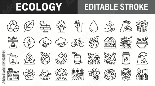Ecology editable stroke icons set recycling renewable energy sustainable living and environmental conservation symbols in black and white line art style