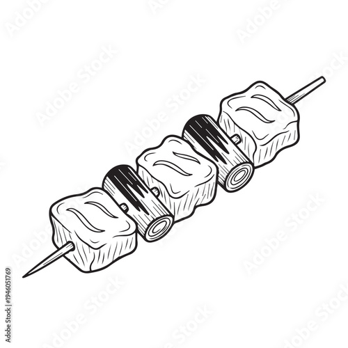 Meat Skewer Drawing: Cubes of Meat and Onion on Stick Isolated