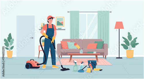 Home cleaning service with person vacuuming in living room with house cleaning with domestic work with cleaning supplies