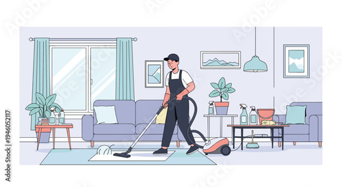 Man vacuuming carpet in modern living room with furniture and plants with vacuum cleaner with domestic work