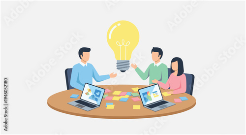 Team brainstorming session with a bright light bulb idea and laptops on a round table with office desk