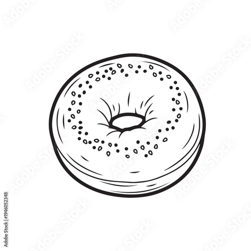 Sesame Seed Bagel Drawing Isolated on White Background Top View Simple Line Art