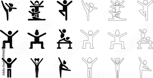 Various people doing gymnastics and yoga poses in black and white illustrations on a white background with different line styles