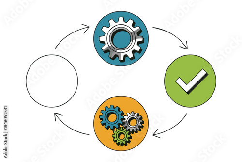 Circular diagram with gears and check mark, continuous improvement process, vector illustration